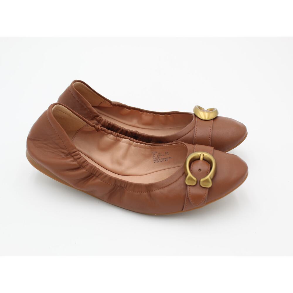 Coach Ballet Flat Womens 7 Brown Leather Buckle Logo Slip On Comfort Shoe